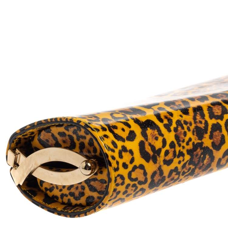 Pre Owned Jimmy Choo Mustard/Black Leopard Print Patent Vinyl Twill Tube Clutch