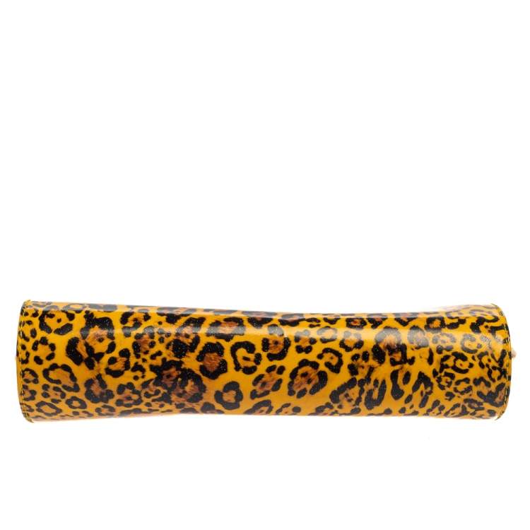 Pre Owned Jimmy Choo Mustard/Black Leopard Print Patent Vinyl Twill Tube Clutch
