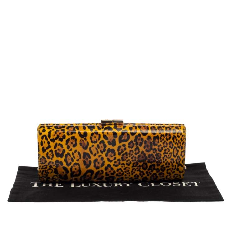 Pre Owned Jimmy Choo Mustard/Black Leopard Print Patent Vinyl Twill Tube Clutch