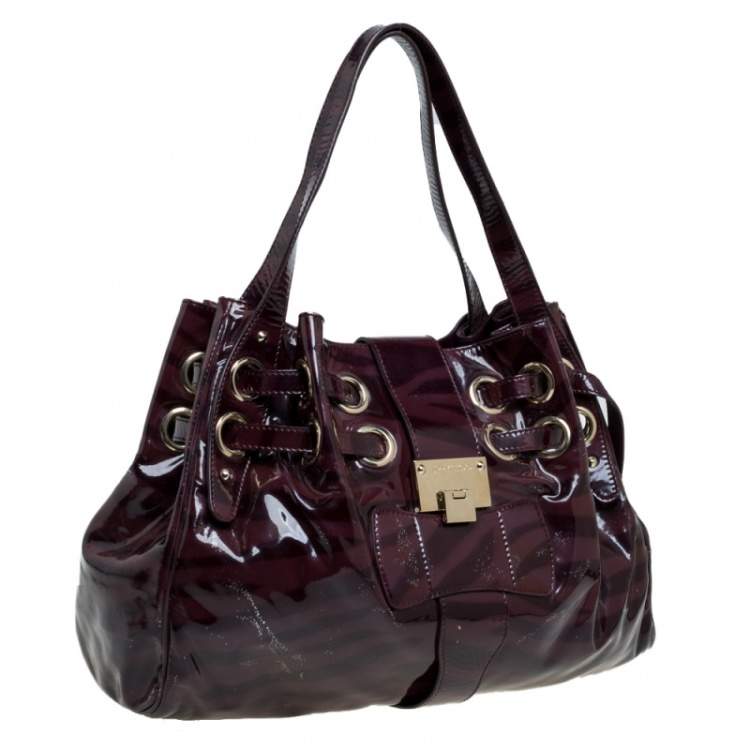 Pre Owned Jimmy Choo Burgundy Zebra Print Patent Leather Ramona Shoulder Bag