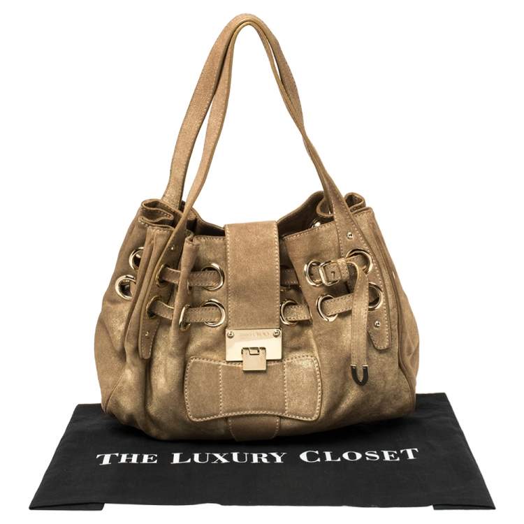 Pre Owned Jimmy Choo Gold Shimmer Suede Ramona Shoulder Bag