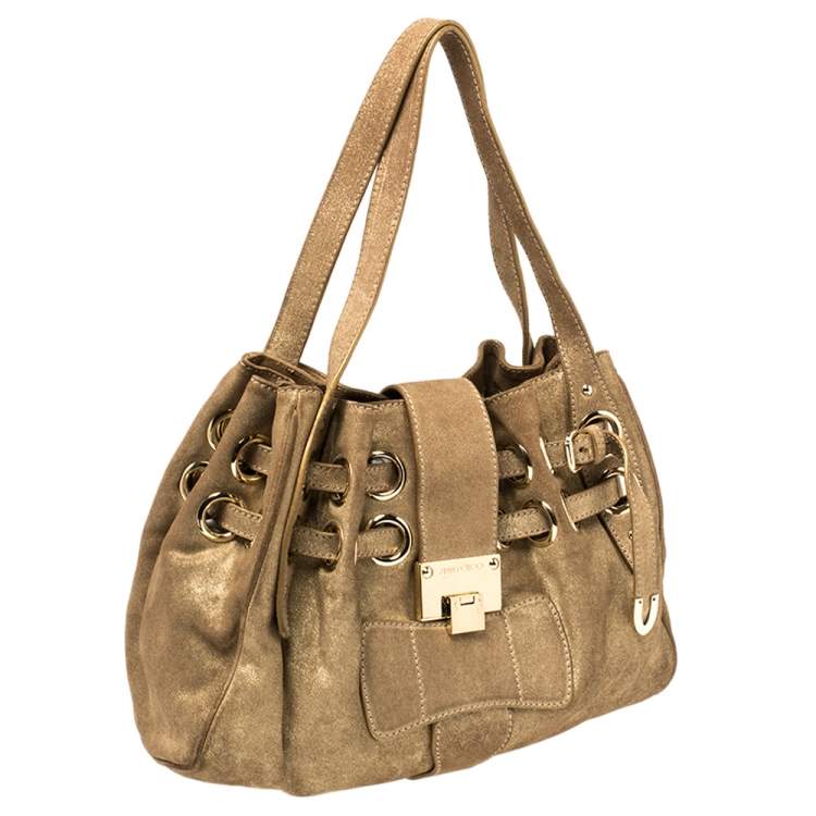 Pre Owned Jimmy Choo Gold Shimmer Suede Ramona Shoulder Bag