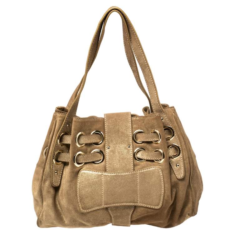 Pre Owned Jimmy Choo Gold Shimmer Suede Ramona Shoulder Bag