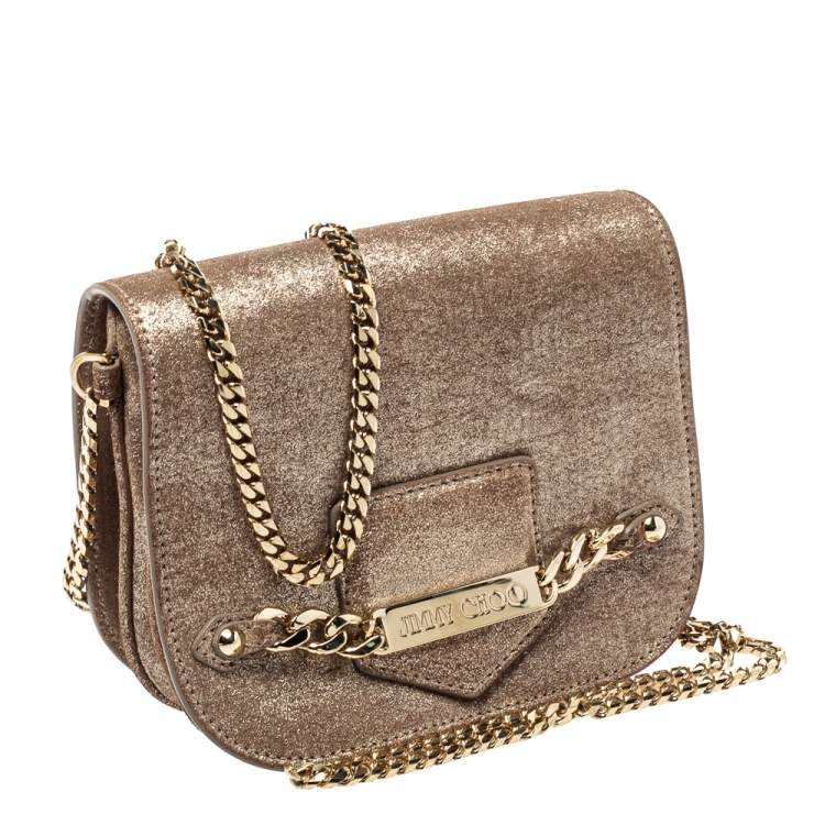 Pre Owned Jimmy Choo Metallic Gold Shimmer Leather Shadow Chain Bag