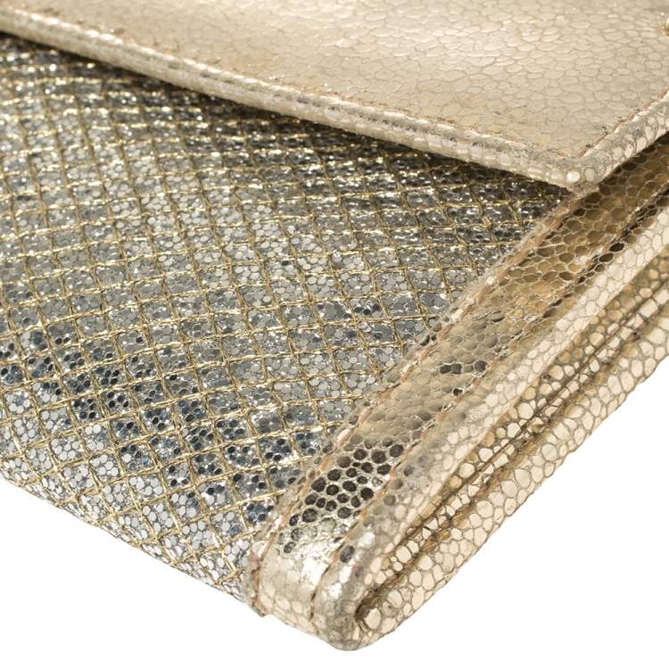 Pre Owned Jimmy Choo Metallic Gold Leather and Glitter Reese Clutch