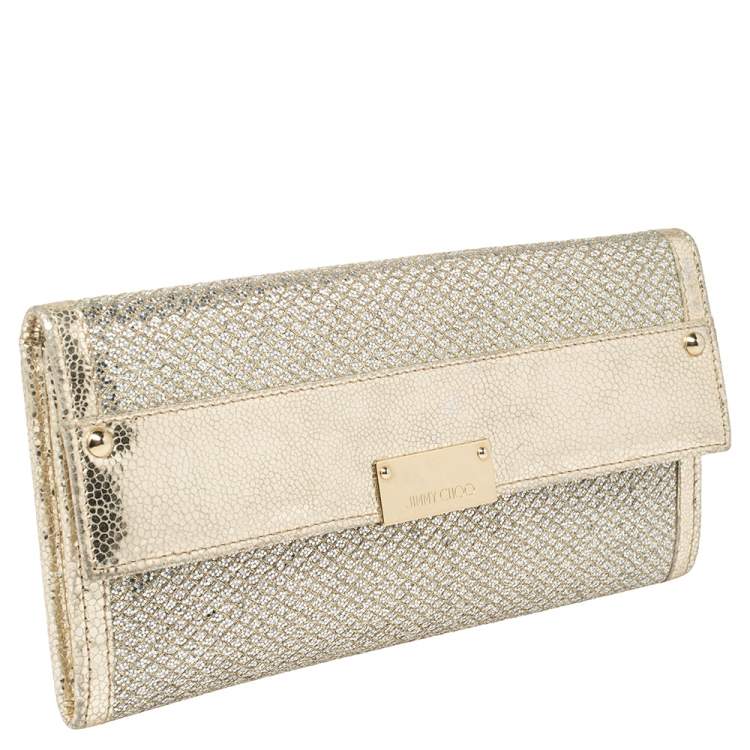 Pre Owned Jimmy Choo Metallic Gold Leather and Glitter Reese Clutch