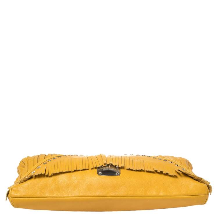 Pre Owned Jimmy Choo Mustard Leather Oversize Star Fringed Chain Clutch