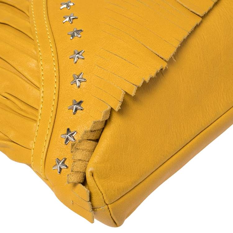 Pre Owned Jimmy Choo Mustard Leather Oversize Star Fringed Chain Clutch
