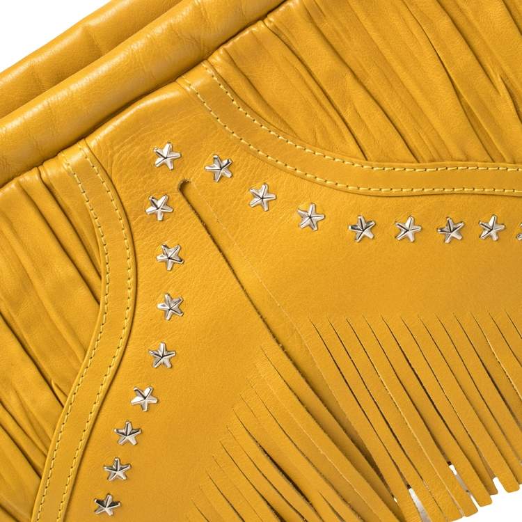 Pre Owned Jimmy Choo Mustard Leather Oversize Star Fringed Chain Clutch