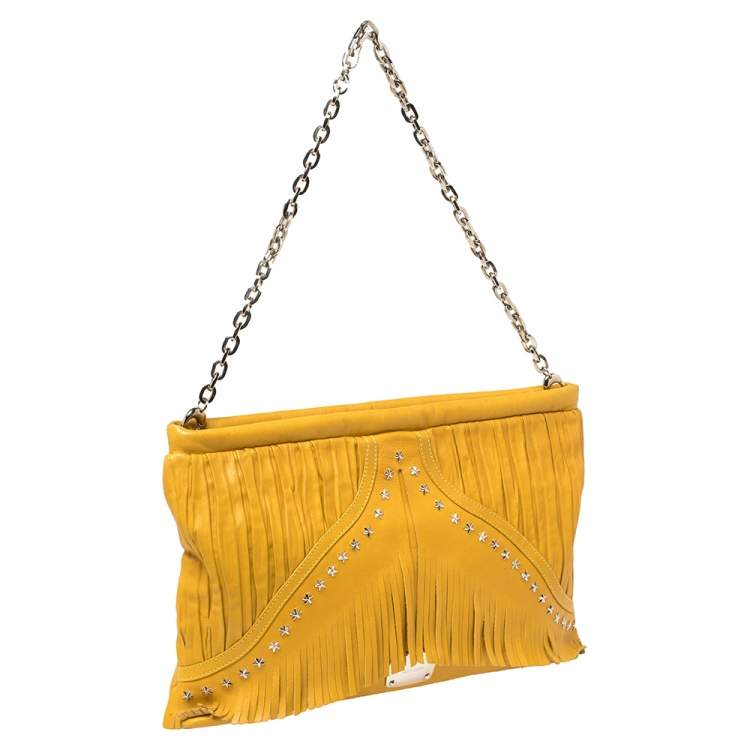 Pre Owned Jimmy Choo Mustard Leather Oversize Star Fringed Chain Clutch