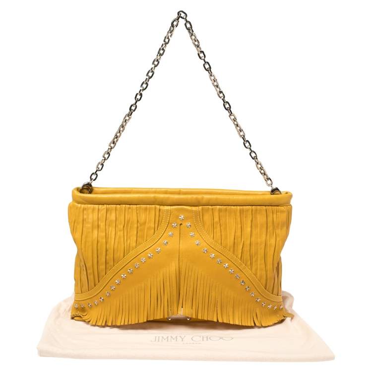Pre Owned Jimmy Choo Mustard Leather Oversize Star Fringed Chain Clutch