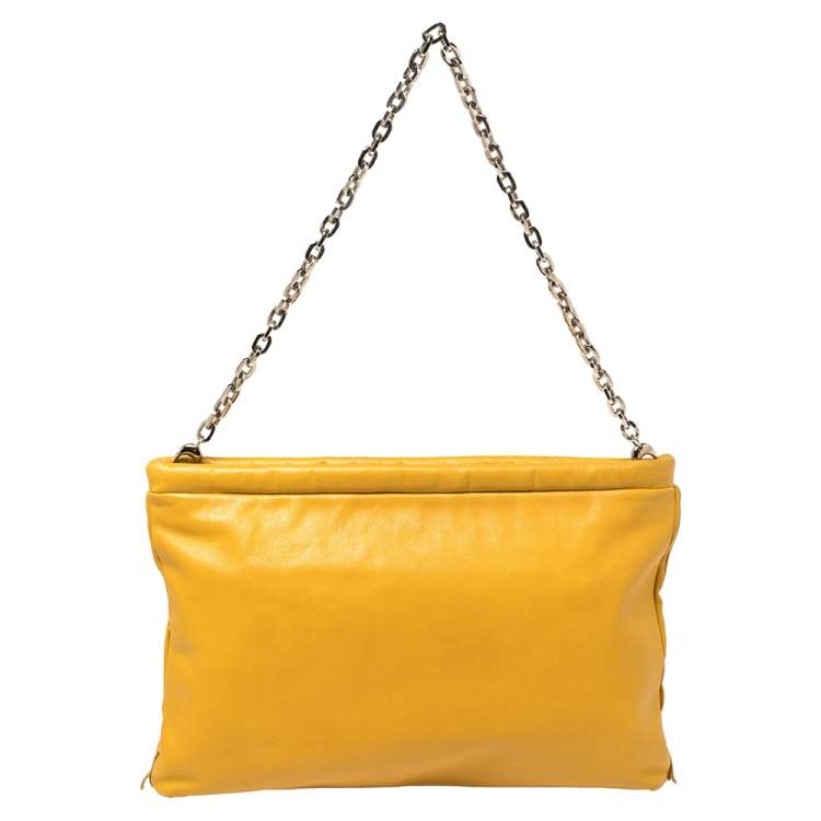 Pre Owned Jimmy Choo Mustard Leather Oversize Star Fringed Chain Clutch