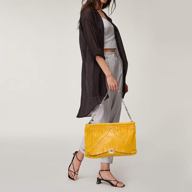 Pre Owned Jimmy Choo Mustard Leather Oversize Star Fringed Chain Clutch