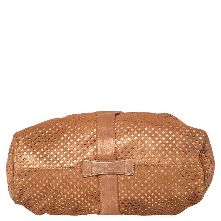 Pre Owned Jimmy Choo Rusty Orange/Gold Shimmer Suede Riki Perforated Tote