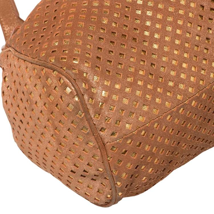 Pre Owned Jimmy Choo Rusty Orange/Gold Shimmer Suede Riki Perforated Tote