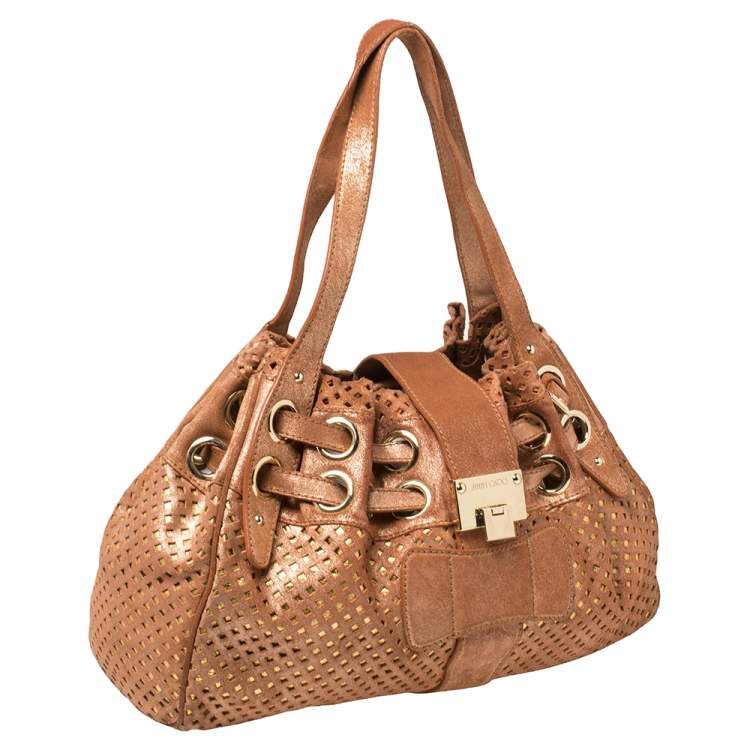 Pre Owned Jimmy Choo Rusty Orange/Gold Shimmer Suede Riki Perforated Tote
