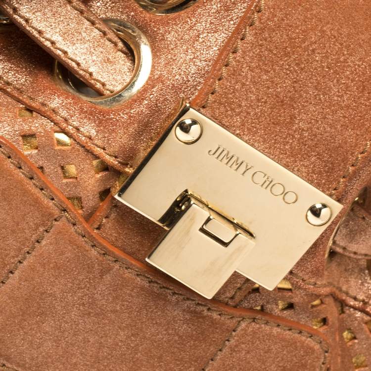 Pre Owned Jimmy Choo Rusty Orange/Gold Shimmer Suede Riki Perforated Tote