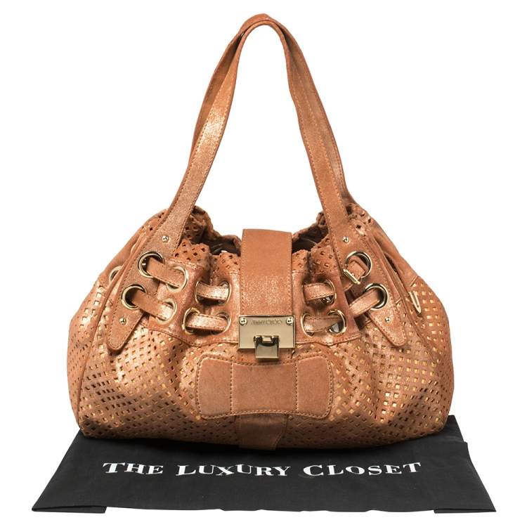 Pre Owned Jimmy Choo Rusty Orange/Gold Shimmer Suede Riki Perforated Tote