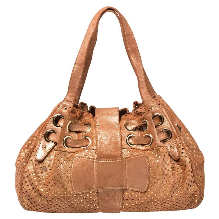 Pre Owned Jimmy Choo Rusty Orange/Gold Shimmer Suede Riki Perforated Tote