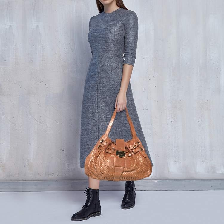 Pre Owned Jimmy Choo Rusty Orange/Gold Shimmer Suede Riki Perforated Tote