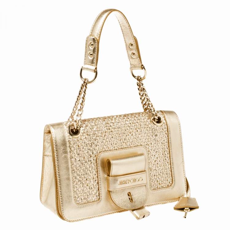 Pre Owned Jimmy Choo Gold Woven Leather Padlock Flap Shoulder Bag