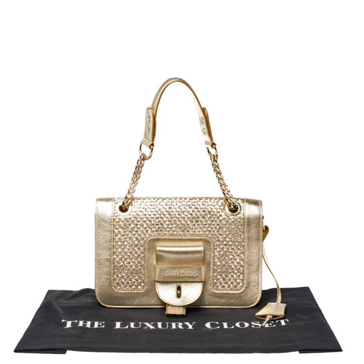 Pre Owned Jimmy Choo Gold Woven Leather Padlock Flap Shoulder Bag