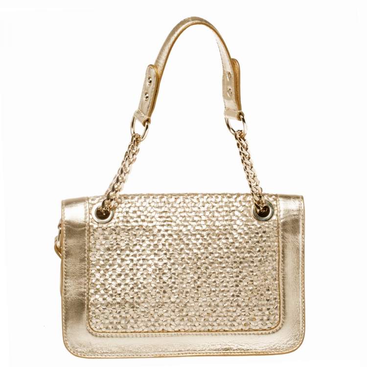 Pre Owned Jimmy Choo Gold Woven Leather Padlock Flap Shoulder Bag