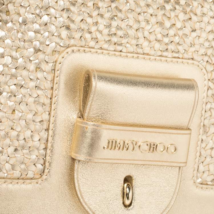Pre Owned Jimmy Choo Gold Woven Leather Padlock Flap Shoulder Bag