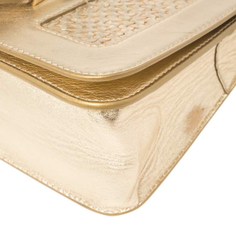 Pre Owned Jimmy Choo Gold Woven Leather Padlock Flap Shoulder Bag