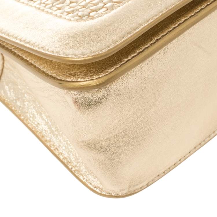 Pre Owned Jimmy Choo Gold Woven Leather Padlock Flap Shoulder Bag