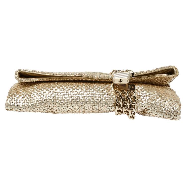 Pre Owned Jimmy Choo Gold Woven Leather Chandra Clutch