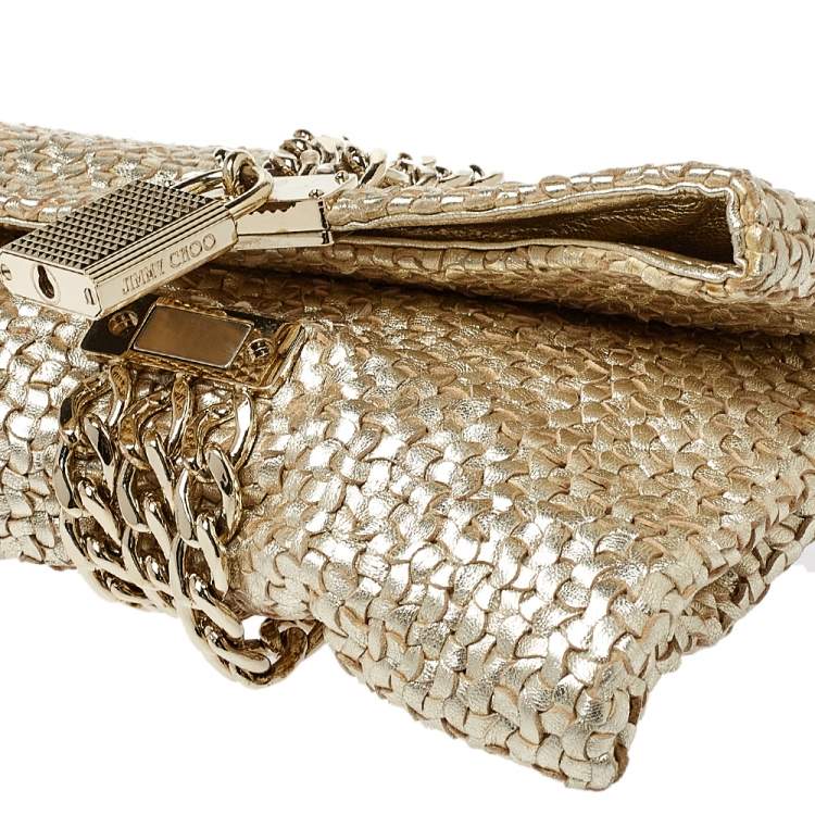 Pre Owned Jimmy Choo Gold Woven Leather Chandra Clutch