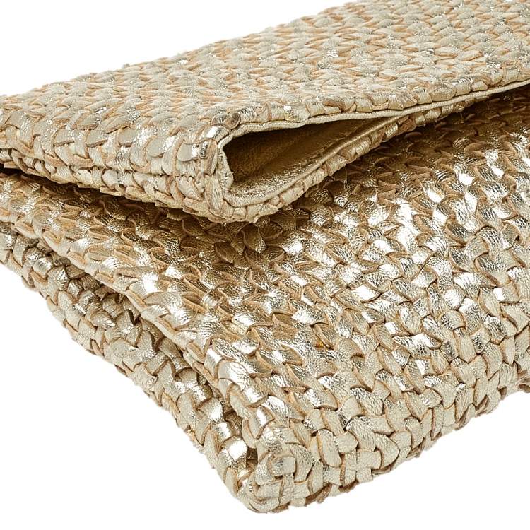 Pre Owned Jimmy Choo Gold Woven Leather Chandra Clutch