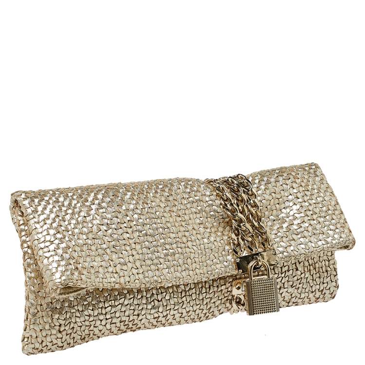 Pre Owned Jimmy Choo Gold Woven Leather Chandra Clutch