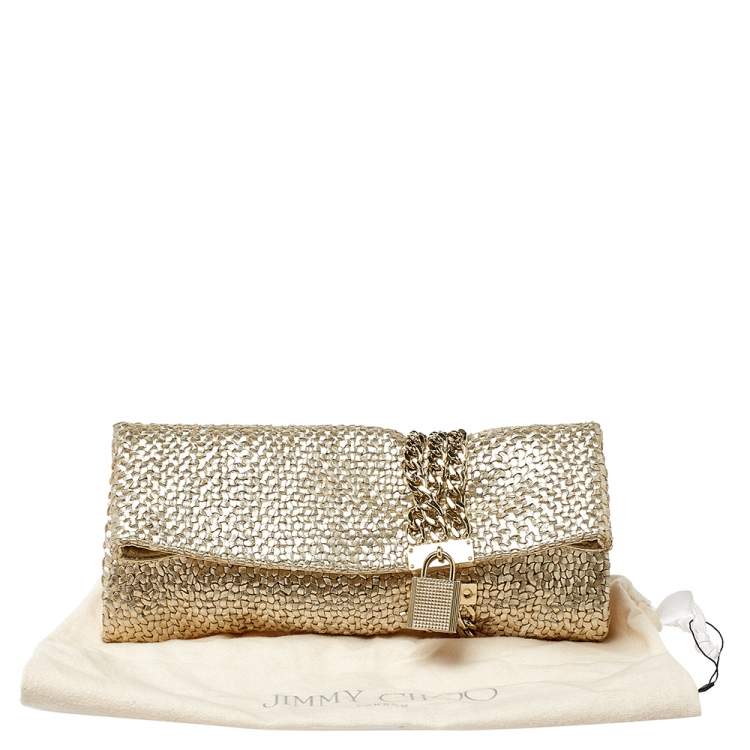 Pre Owned Jimmy Choo Gold Woven Leather Chandra Clutch