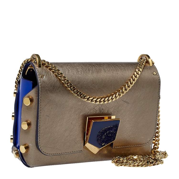 Pre Owned Jimmy Choo Metallic Grey/Blue Leather Lockett Shoulder Bag