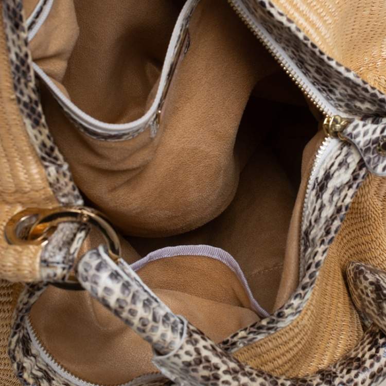Pre Owned Jimmy Choo Tan Raffia and Snakeskin Trim Sky Hobo