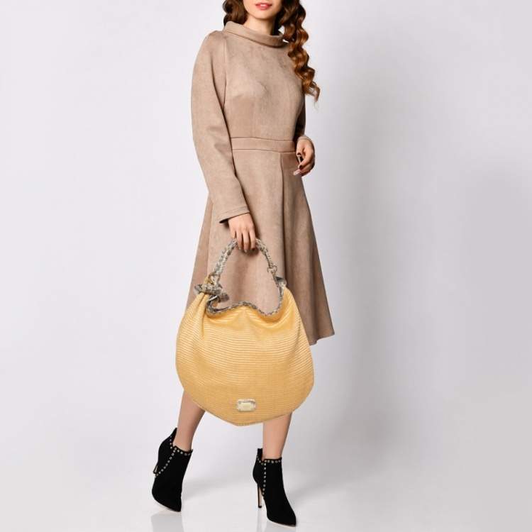 Pre Owned Jimmy Choo Tan Raffia and Snakeskin Trim Sky Hobo