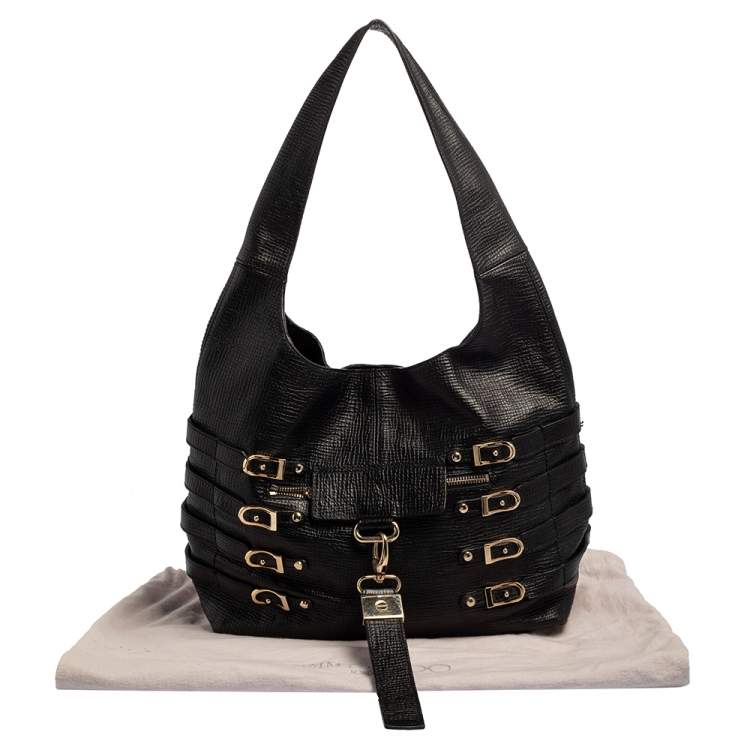 Pre Owned Jimmy Choo Black Textured Leather Bardia Buckle Hobo