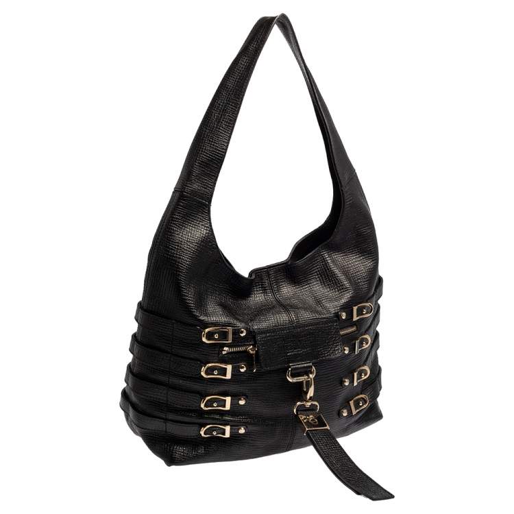 Pre Owned Jimmy Choo Black Textured Leather Bardia Buckle Hobo
