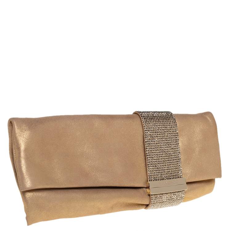 Pre Owned Jimmy Choo Gold Shimmer Suede Chandra Clutch