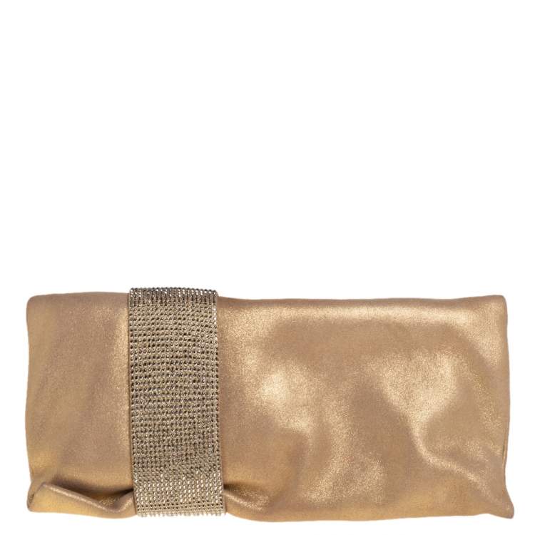 Pre Owned Jimmy Choo Gold Shimmer Suede Chandra Clutch