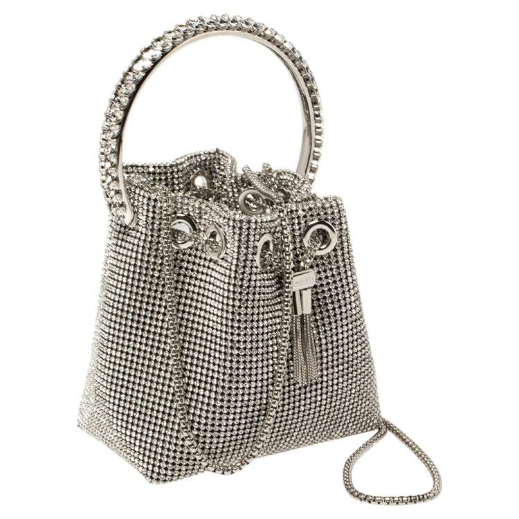 Pre Owned Jimmy Choo Silver Satin Crystal Mesh Bon Bon Bucket Bag