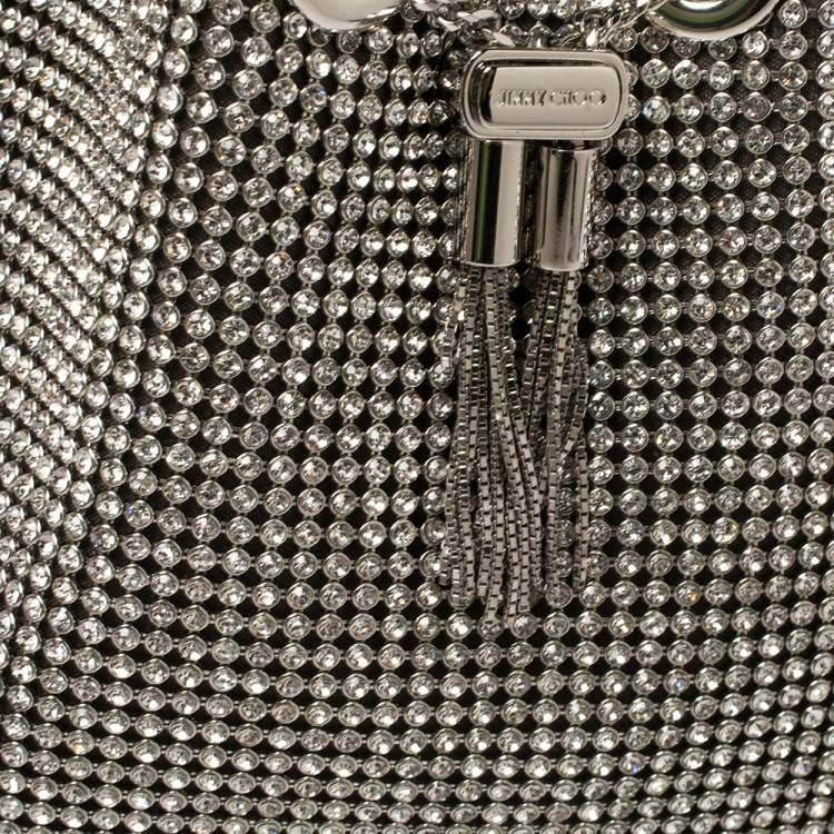 Pre Owned Jimmy Choo Silver Satin Crystal Mesh Bon Bon Bucket Bag