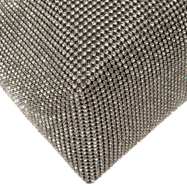 Pre Owned Jimmy Choo Silver Satin Crystal Mesh Bon Bon Bucket Bag