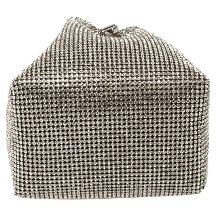 Pre Owned Jimmy Choo Silver Satin Crystal Mesh Bon Bon Bucket Bag