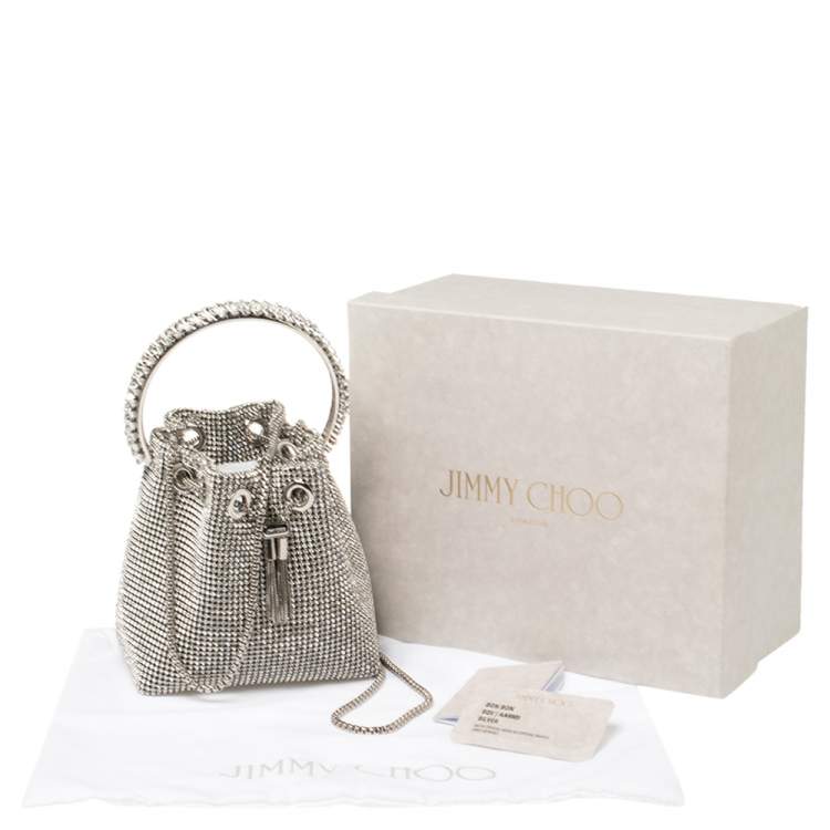 Pre Owned Jimmy Choo Silver Satin Crystal Mesh Bon Bon Bucket Bag