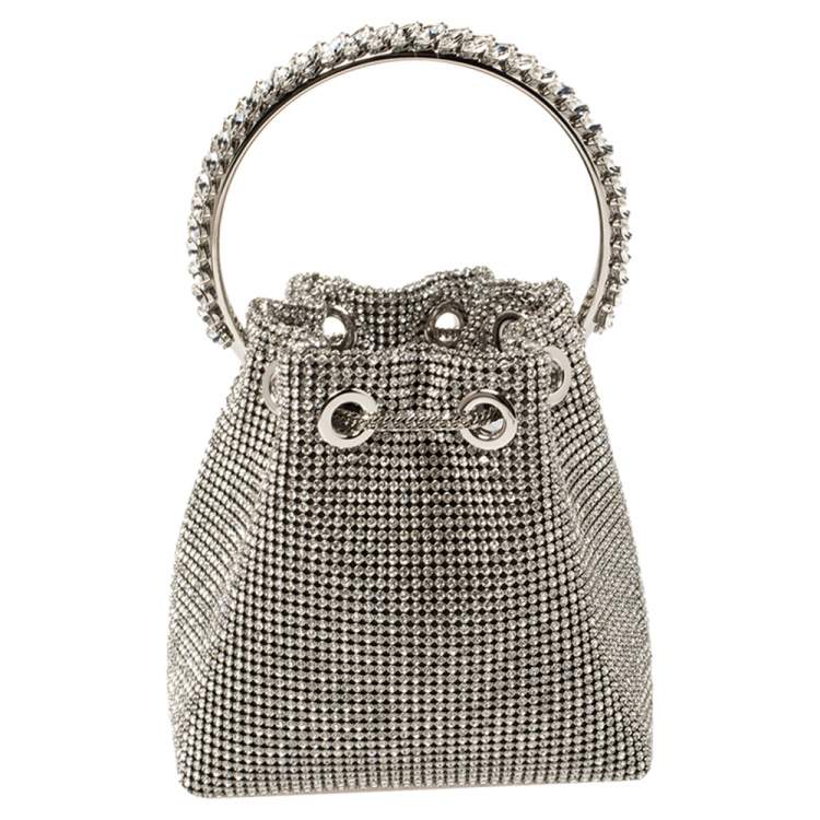 Pre Owned Jimmy Choo Silver Satin Crystal Mesh Bon Bon Bucket Bag