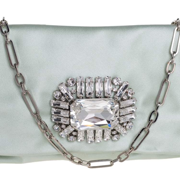 Pre Owned Jimmy Choo Mint Green Satin Titania Crystal Embellished Clutch