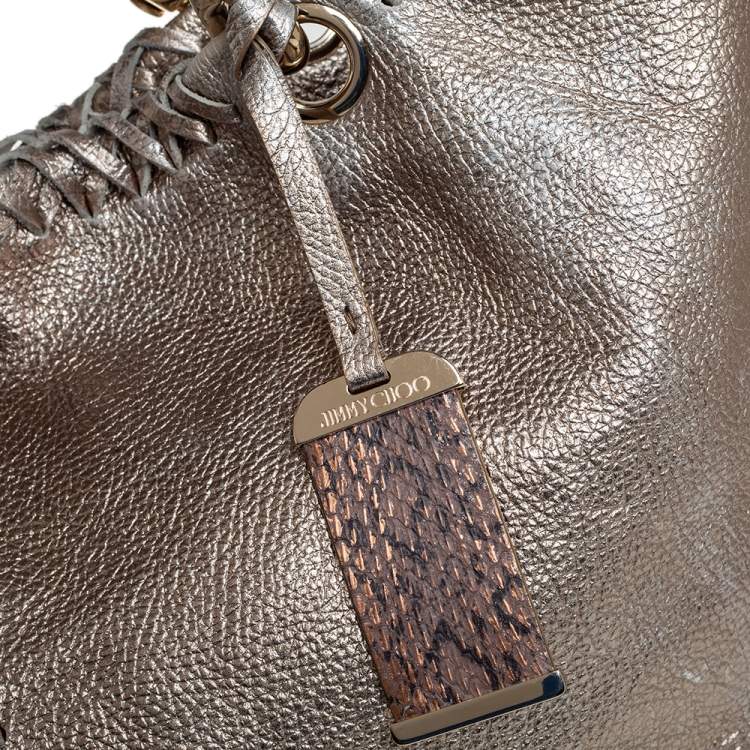 Pre Owned Jimmy Choo Metallic Leather and Snakeskin Trim Whipstitch Hobo